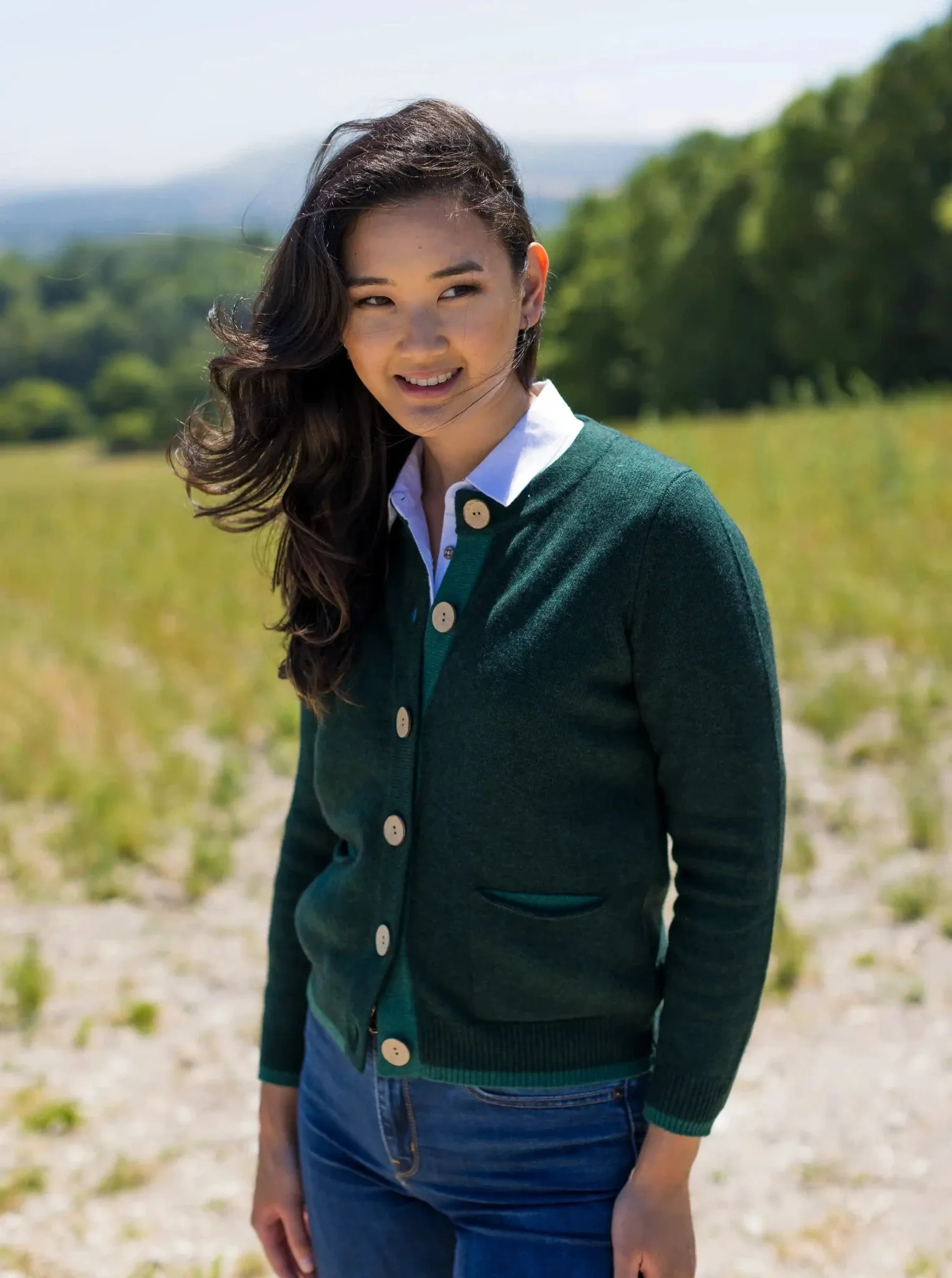 Cashmere and Merino Pocket Cardigan | Green Melange