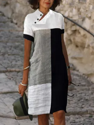 Casual Dress Cotton Linen Dress Shift Dress Midi Dress Cotton Blend Modern Casual Daily Vacation V Neck Patchwork Button Short Sleeve Summer Spring  Regular Fit White Color Block S M L XL for Women