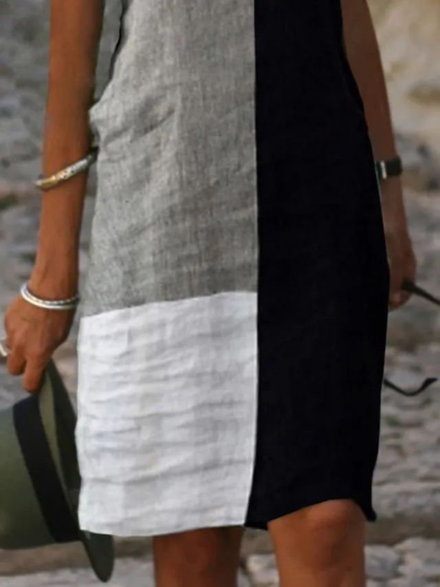 Casual Dress Cotton Linen Dress Shift Dress Midi Dress Cotton Blend Modern Casual Daily Vacation V Neck Patchwork Button Short Sleeve Summer Spring  Regular Fit White Color Block S M L XL for Women
