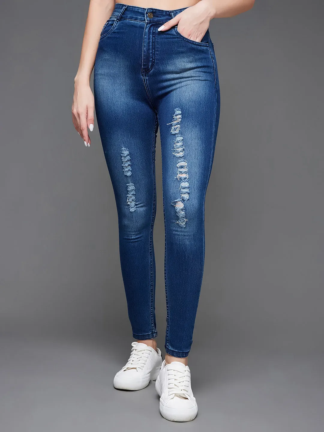 CHASEstretch™ Women's Blue Skinny Fit Mid Rise Mildly Distressed Ripped Denim Jeans