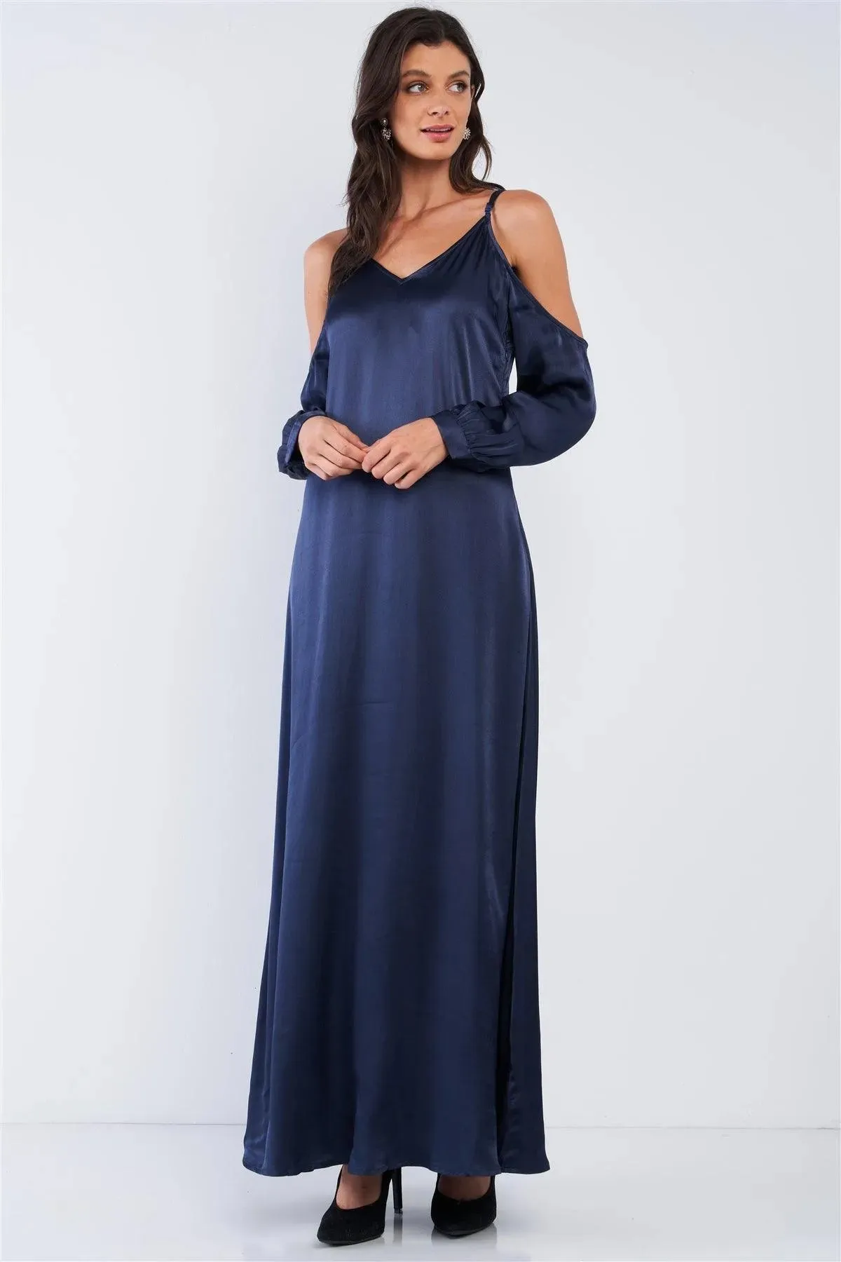 Deep Navy Blue Chic Satin Silk Relaxed Fit V-Neck Off-The-Shoulder Long Sleeve Maxi Dress /1-2-2-1