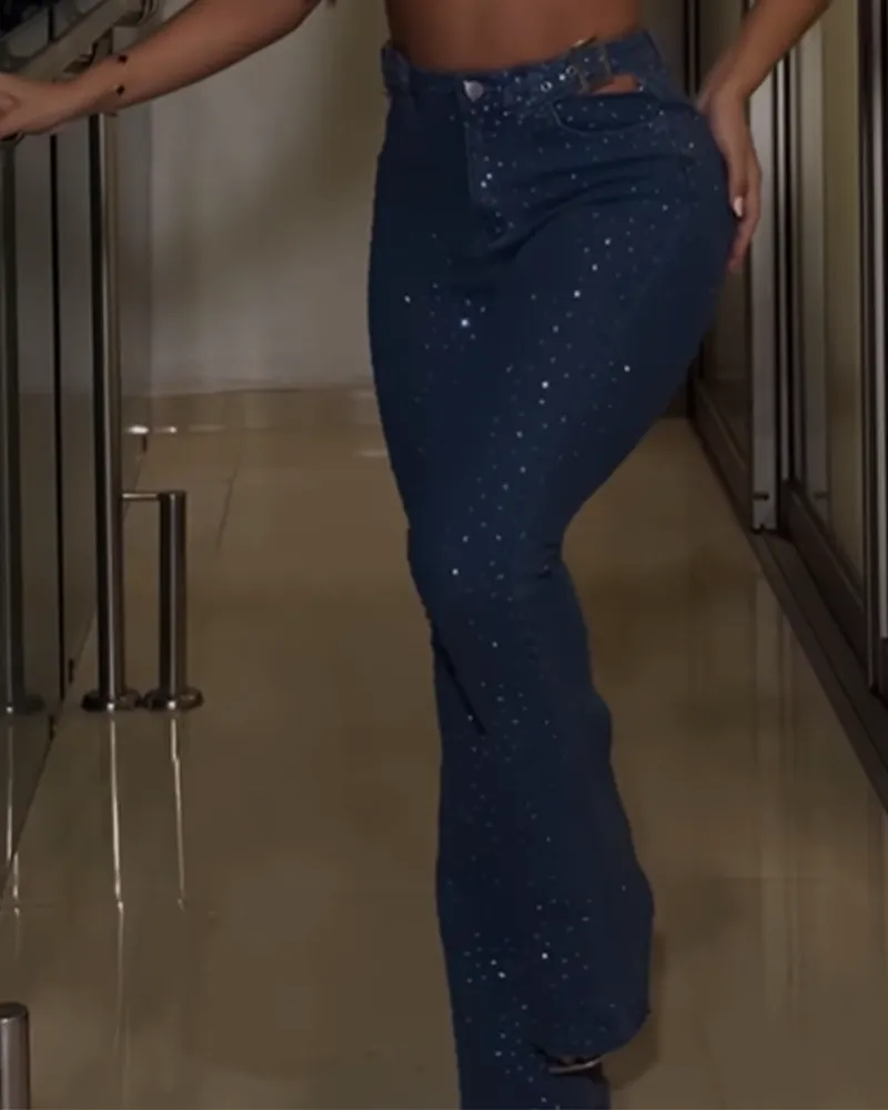 Diamond-Clad Flared Cut-Out Hip Lift Jeans (Pre-Sale)