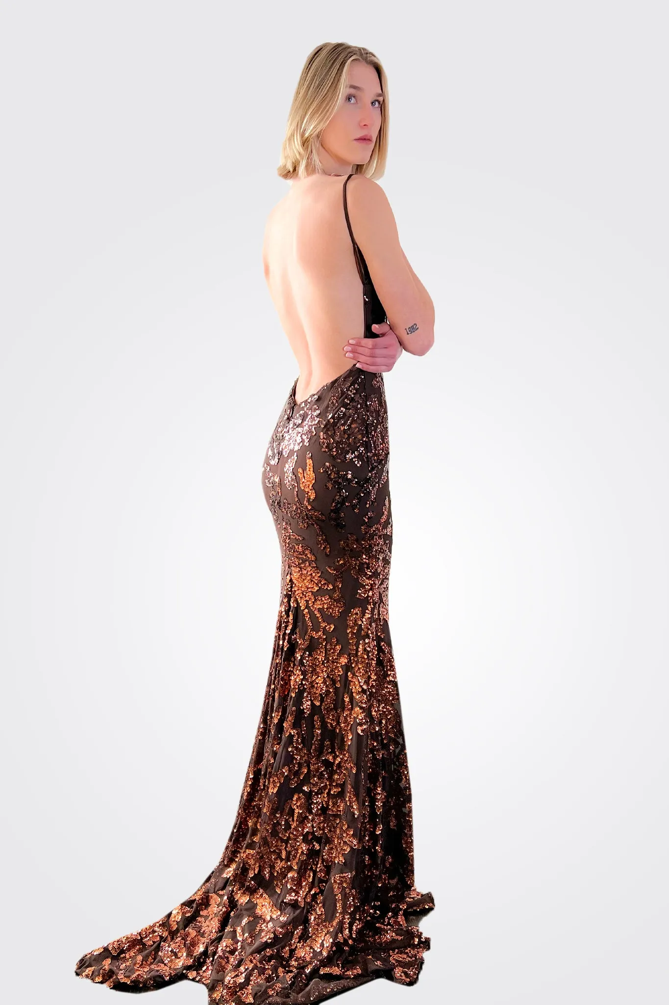 Embellished Backless Dress - Brown Copper