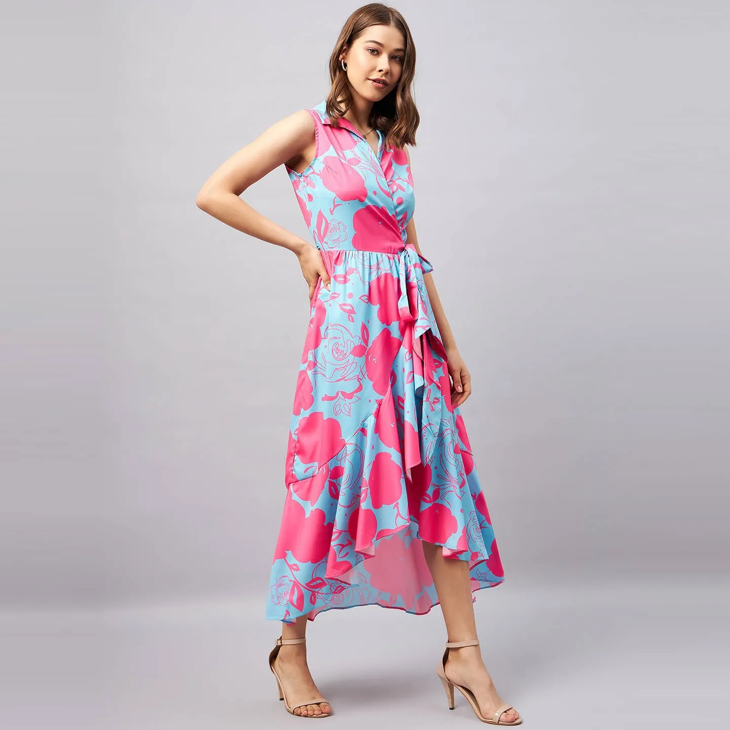 Floral Collar Midi Wrap Dress