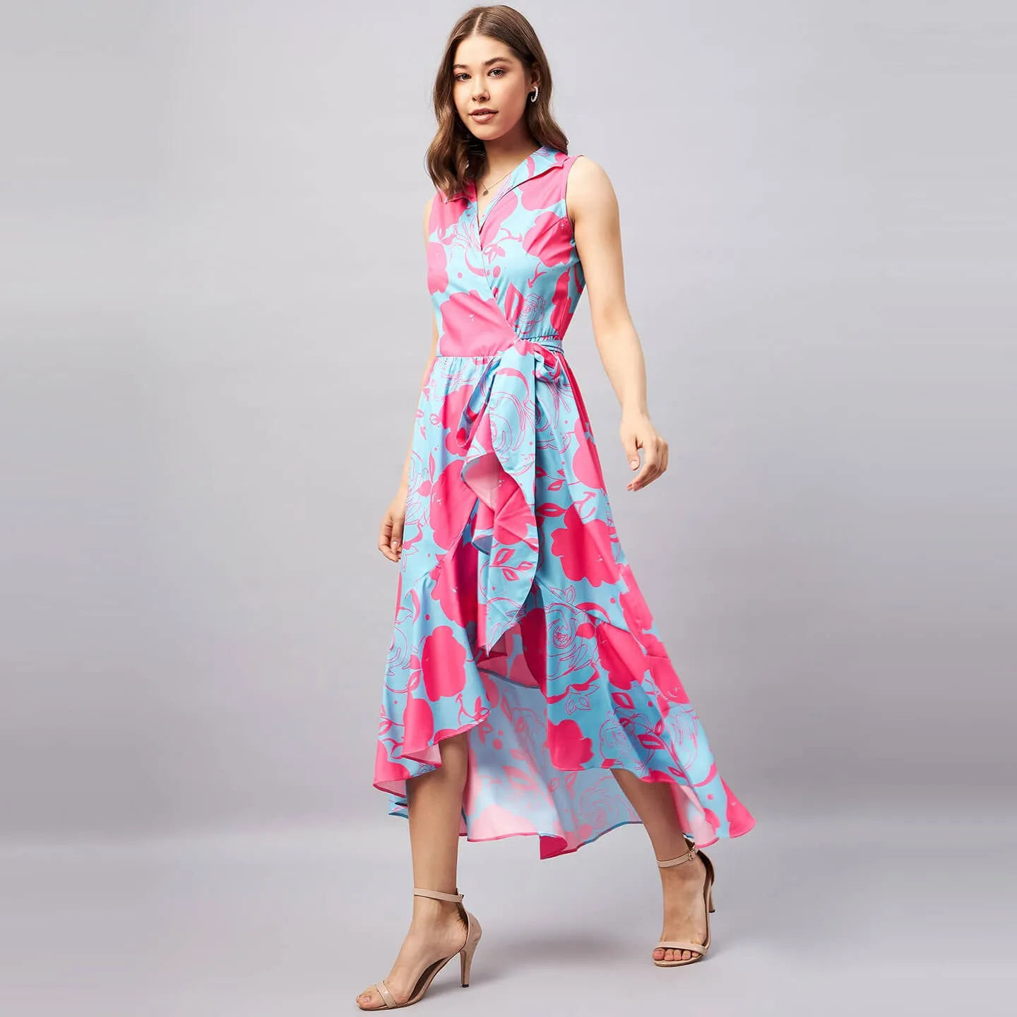 Floral Collar Midi Wrap Dress