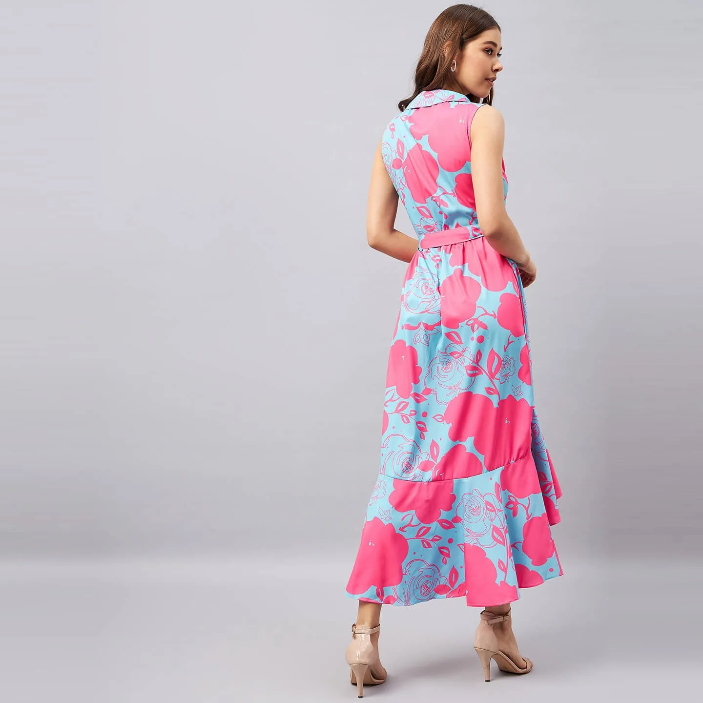 Floral Collar Midi Wrap Dress