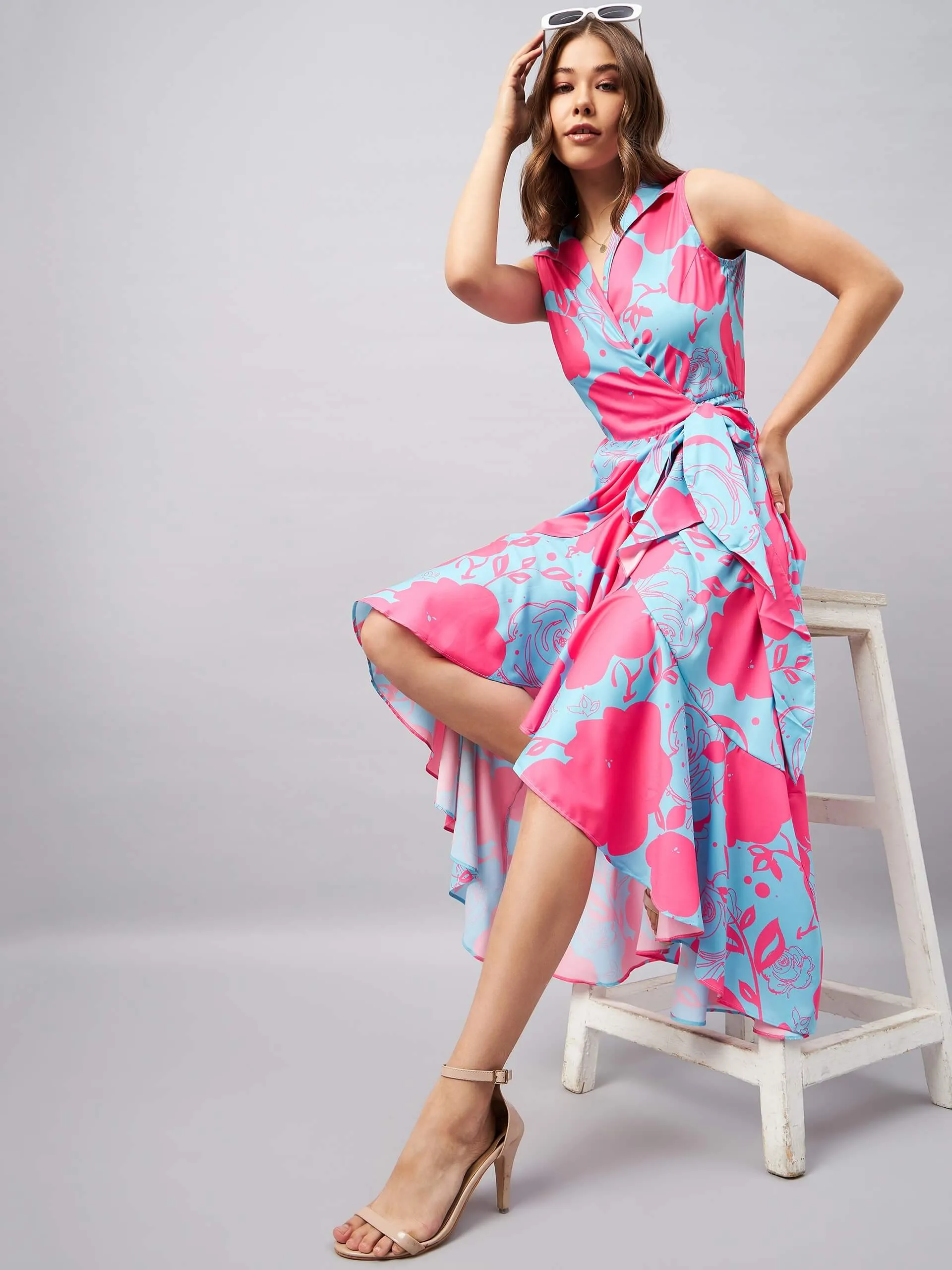 Floral Collar Midi Wrap Dress