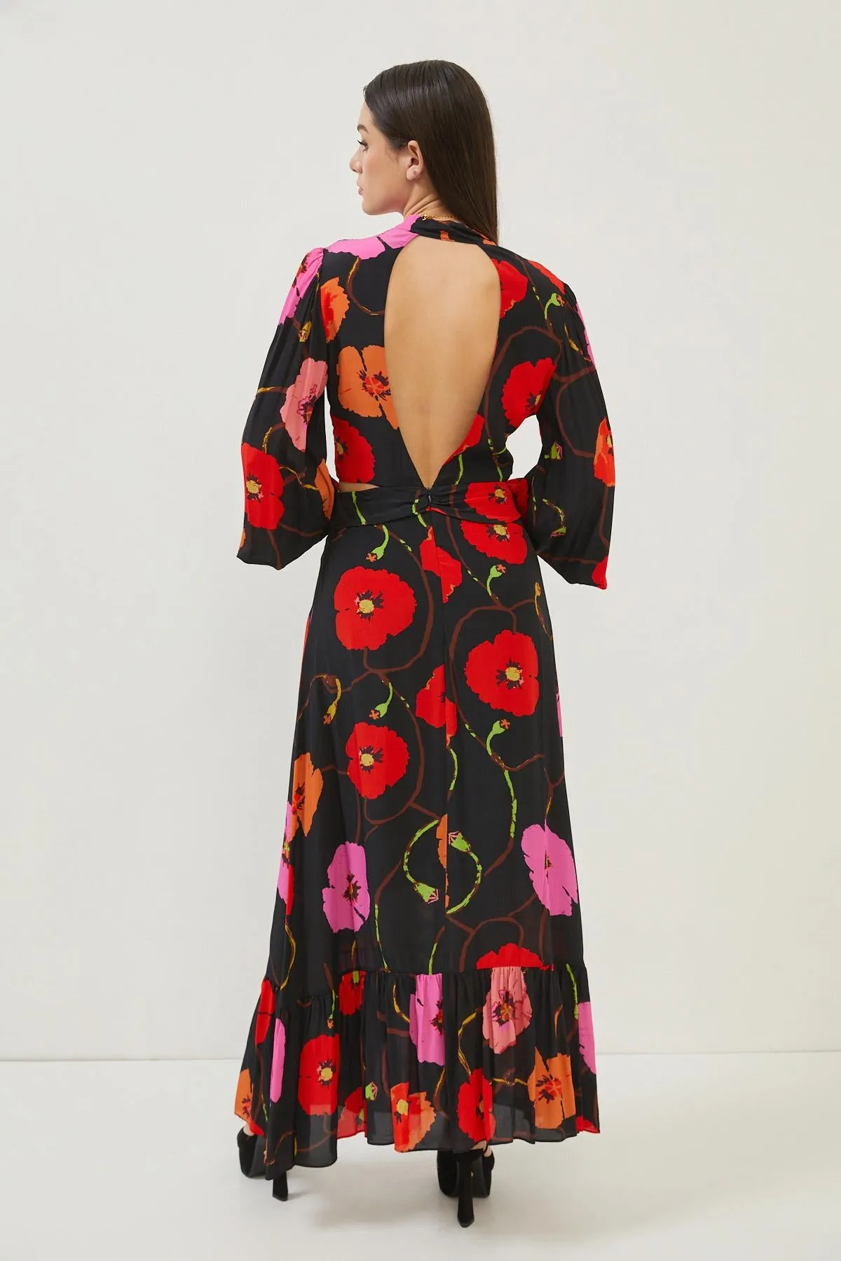 Floral Print Black Cut Out Detail Open Back Maxi Dress