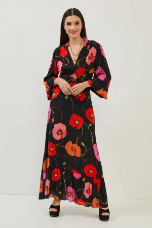 Floral Print Black Cut Out Detail Open Back Maxi Dress