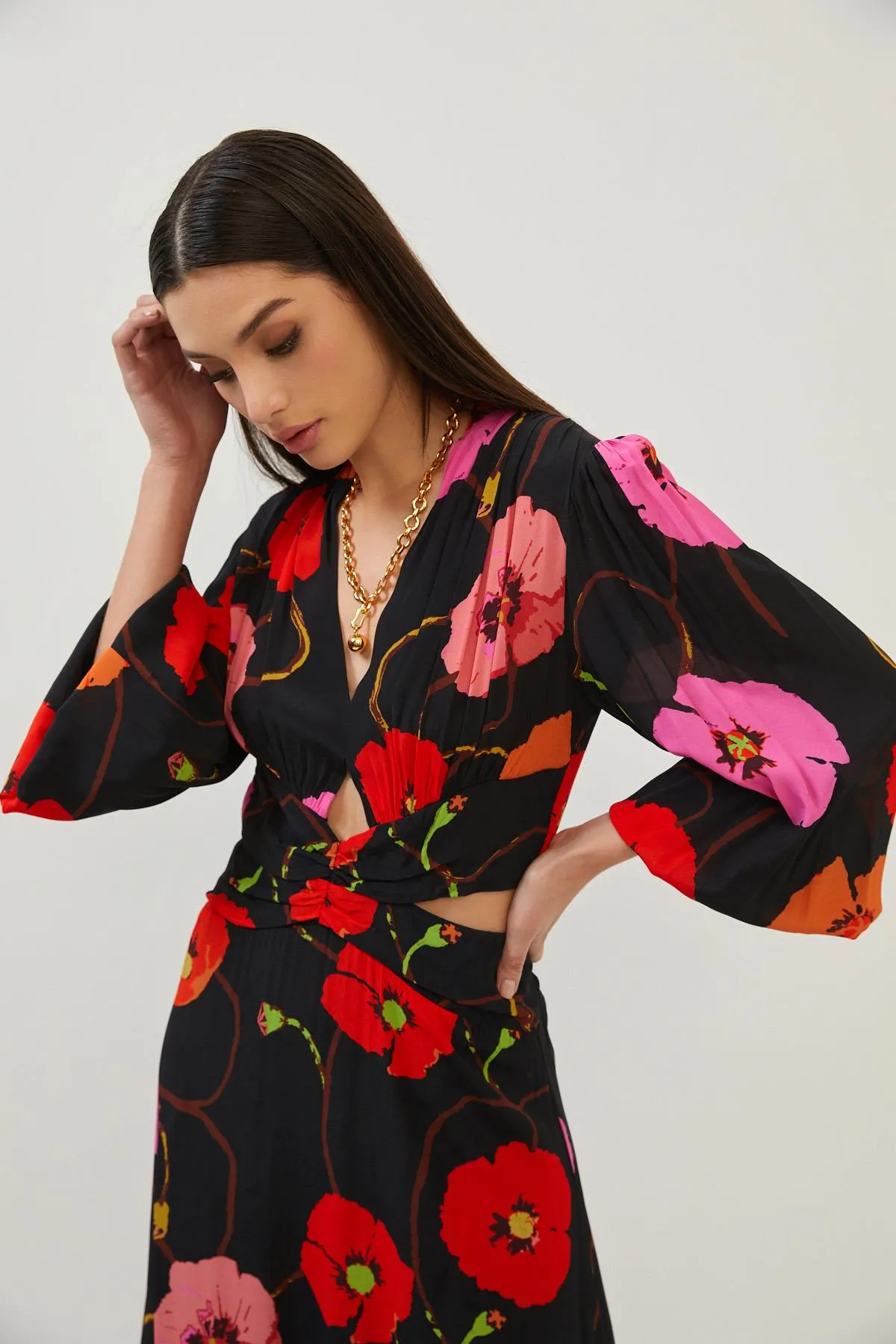 Floral Print Black Cut Out Detail Open Back Maxi Dress