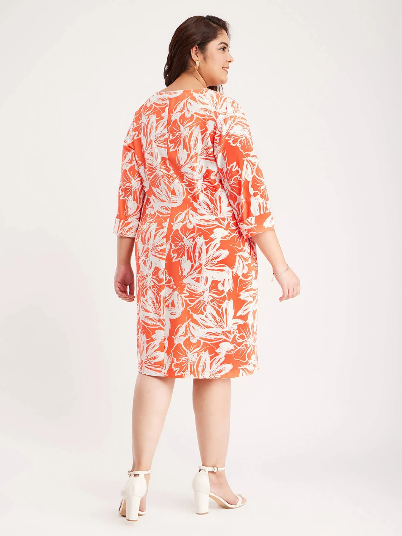 Floral Print Shift Dress - Coral And Off White