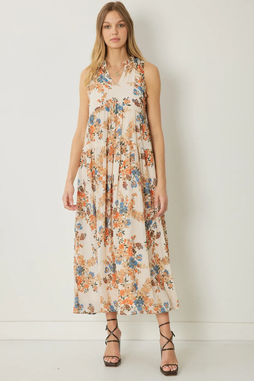 Floral print v-neck tiered maxi dress
