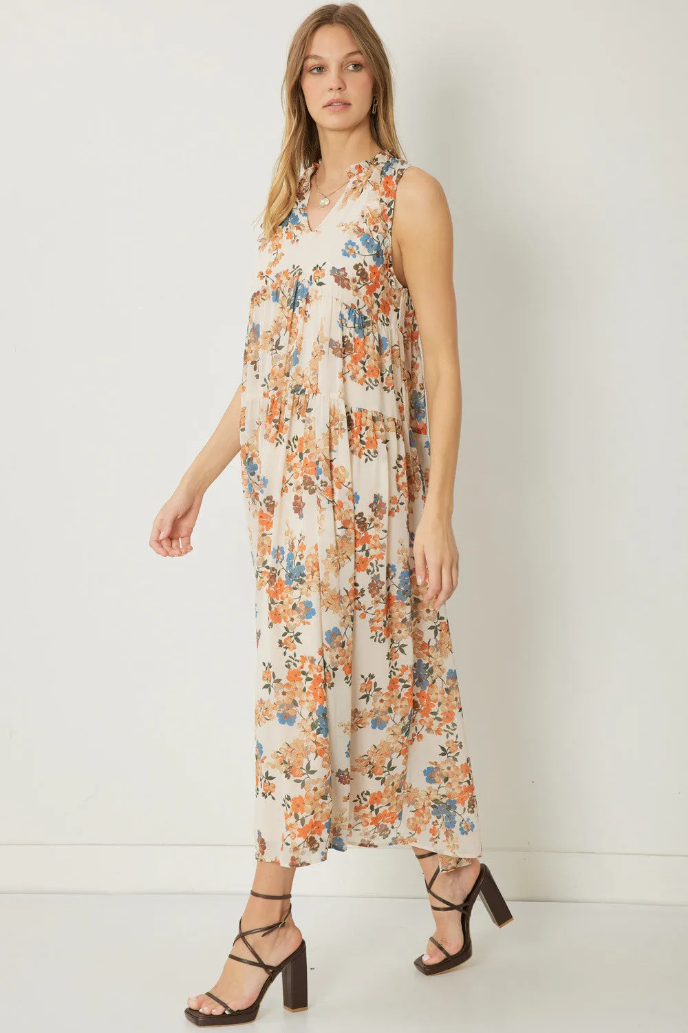 Floral print v-neck tiered maxi dress