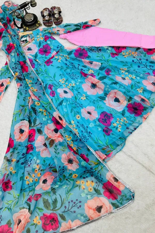 Full Flair Digital Print Gown With Floral Design For Women