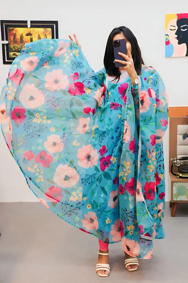 Full Flair Digital Print Gown With Floral Design For Women