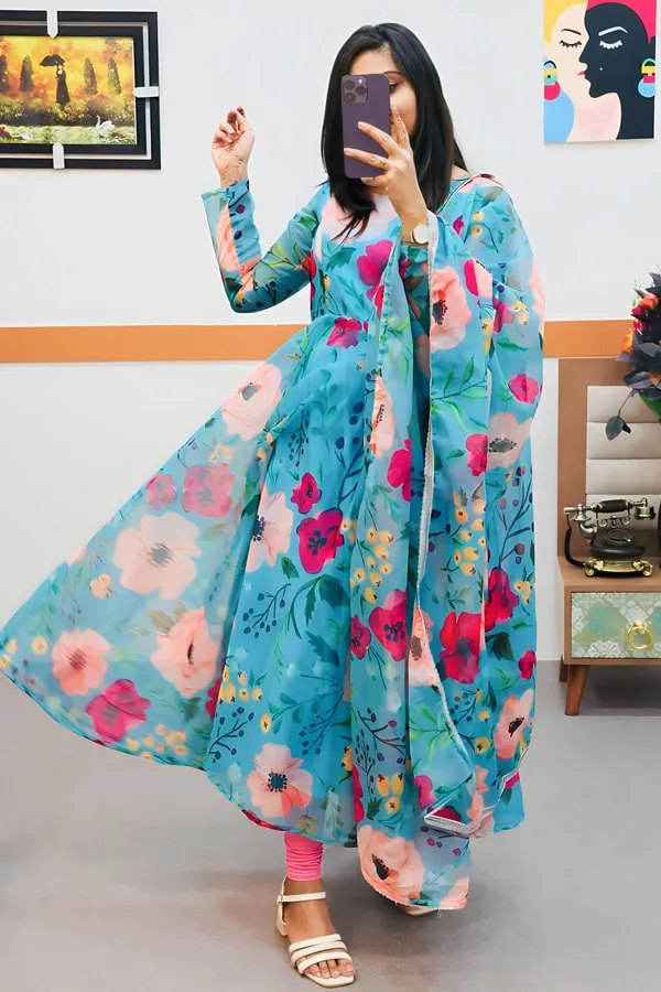 Full Flair Digital Print Gown With Floral Design For Women
