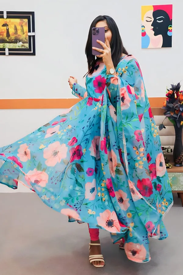 Full Flair Digital Print Gown With Floral Design For Women