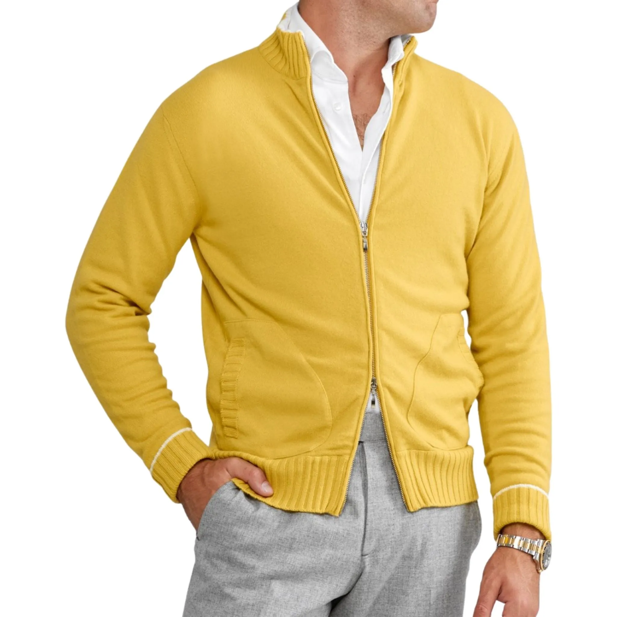 Full Zip Cashmere Cardigan Sweater in Yellow