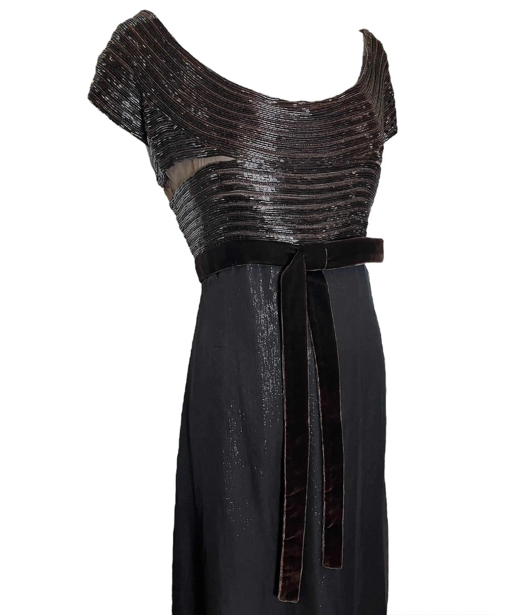Gianfranco Ferre 1990s Brown Beaded Chiffon Gown