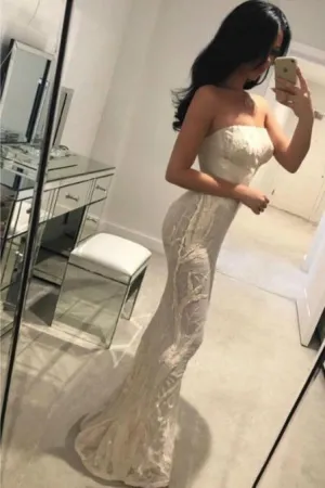 Harmony Luxe Tree Champagne Nude Sequin Leaf Mermaid Fishtail Dress