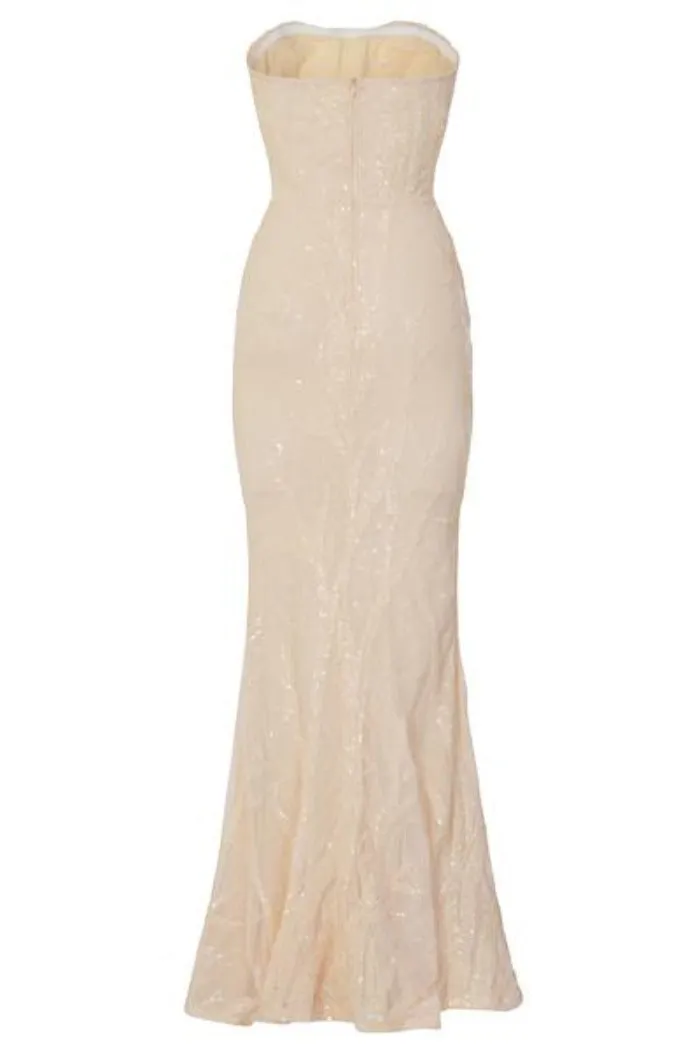 Harmony Luxe Tree Champagne Nude Sequin Leaf Mermaid Fishtail Dress