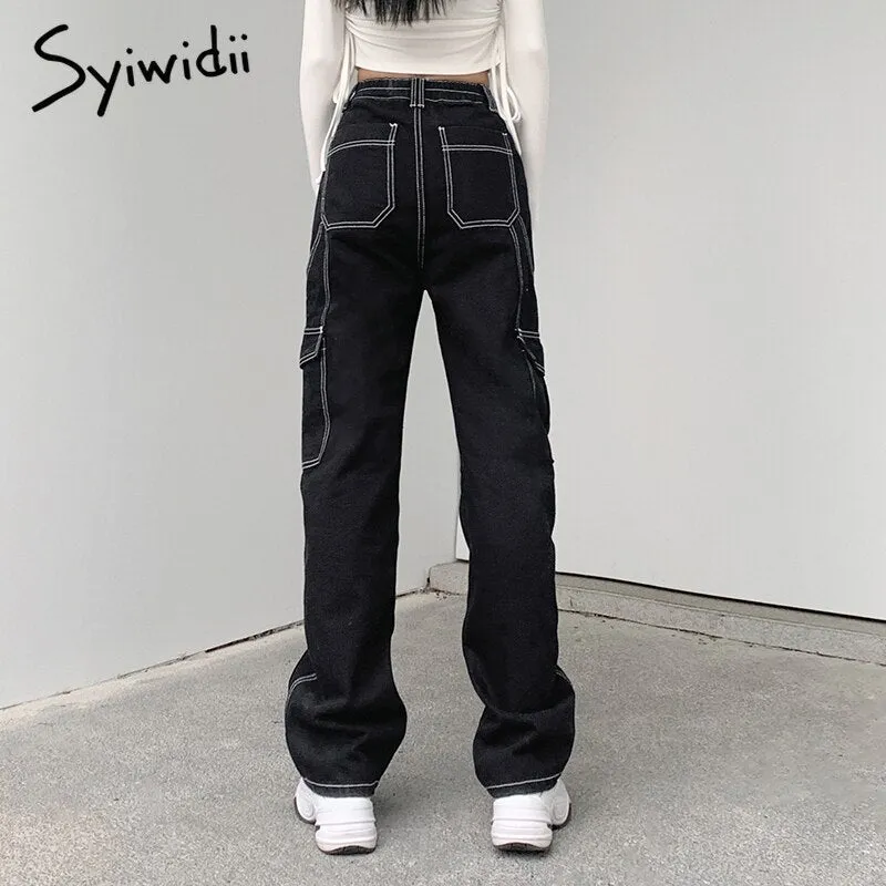Joskaa Cargo Black Pants High Waisted Jeans for Women Full Length Baggy Y2k Denim Vintage Streetwear Clothes Straight 2024 New