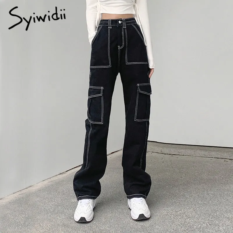 Joskaa Cargo Black Pants High Waisted Jeans for Women Full Length Baggy Y2k Denim Vintage Streetwear Clothes Straight 2024 New