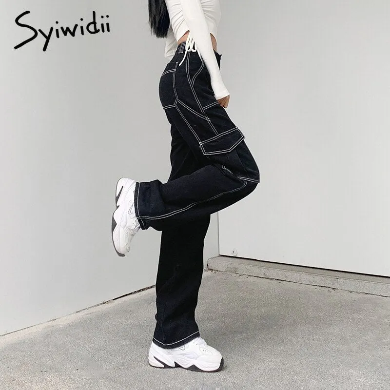 Joskaa Cargo Black Pants High Waisted Jeans for Women Full Length Baggy Y2k Denim Vintage Streetwear Clothes Straight 2024 New