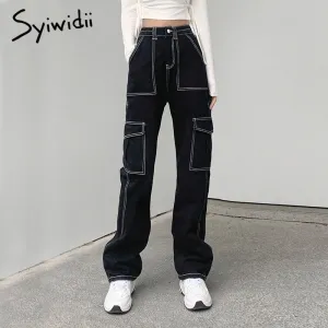 Joskaa Cargo Black Pants High Waisted Jeans for Women Full Length Baggy Y2k Denim Vintage Streetwear Clothes Straight 2024 New