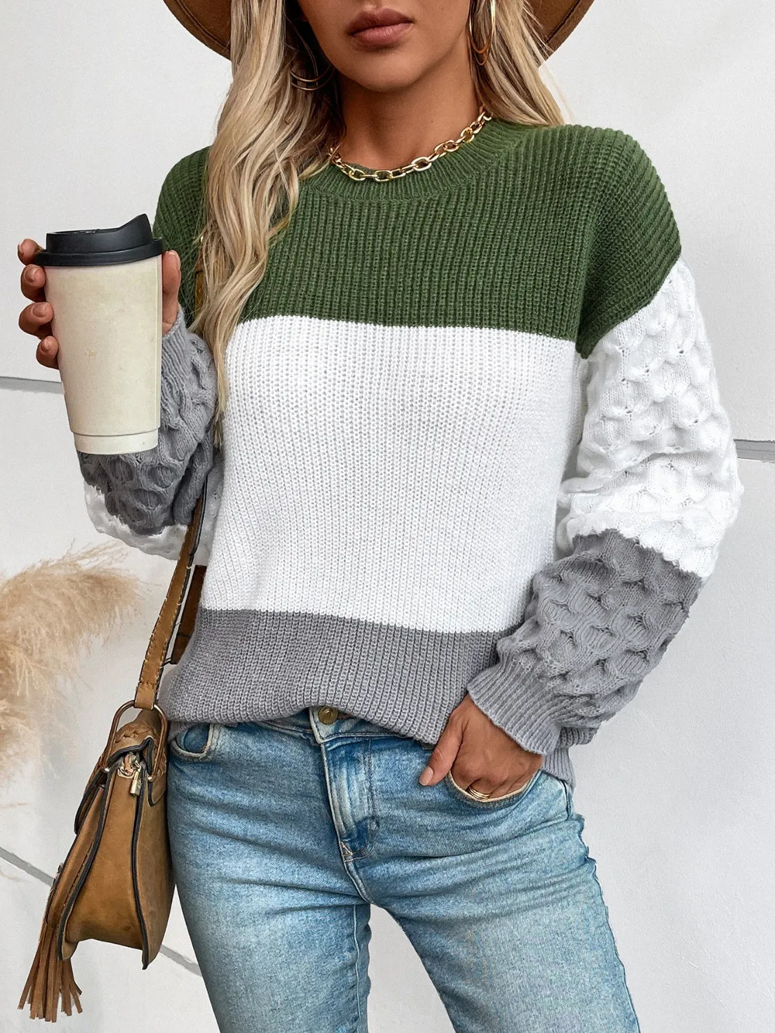 Kennedy Color Block Round Neck Long Sleeve Sweater