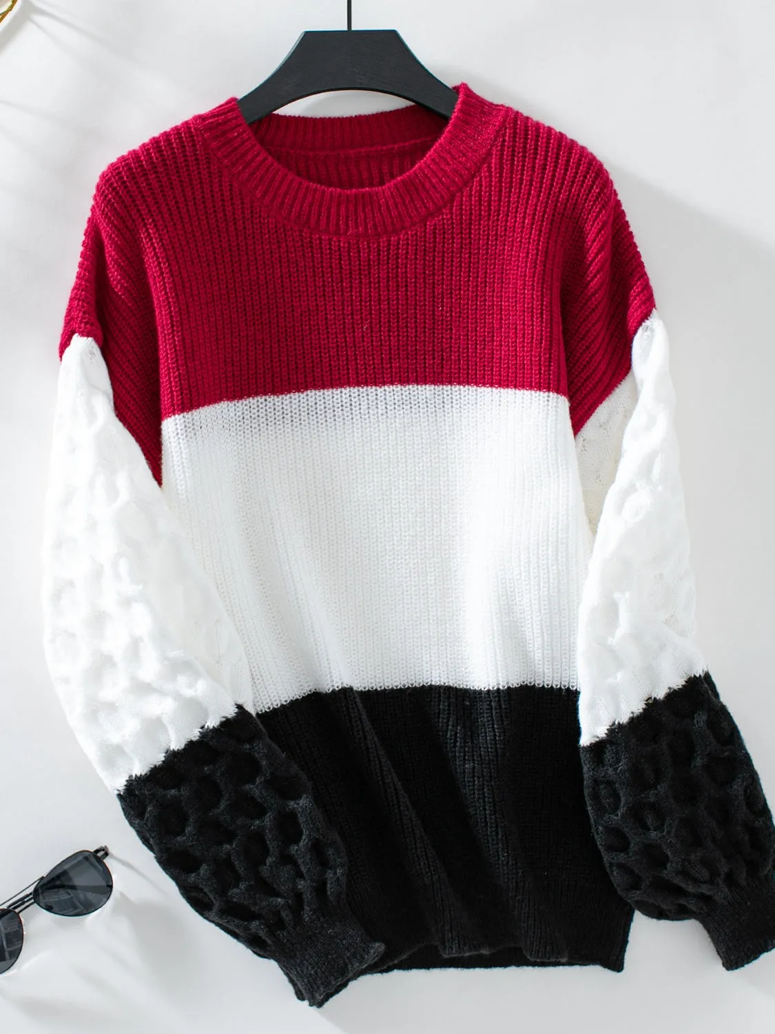 Kennedy Color Block Round Neck Long Sleeve Sweater