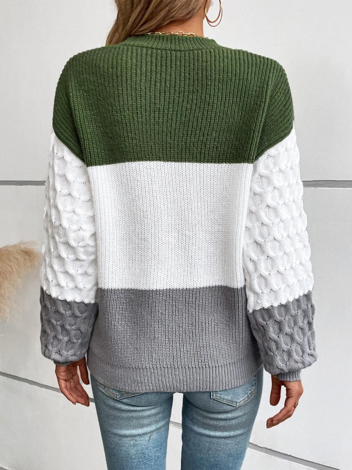 Kennedy Color Block Round Neck Long Sleeve Sweater