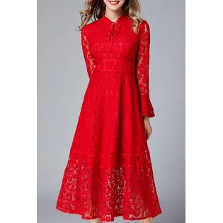 Ketty More Women Awesome Red Color Floral Lace Pattern Flare Sleeve Dress - KMWD66743
