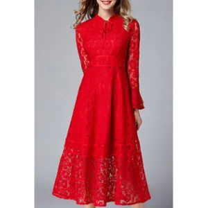 Ketty More Women Awesome Red Color Floral Lace Pattern Flare Sleeve Dress - KMWD66743