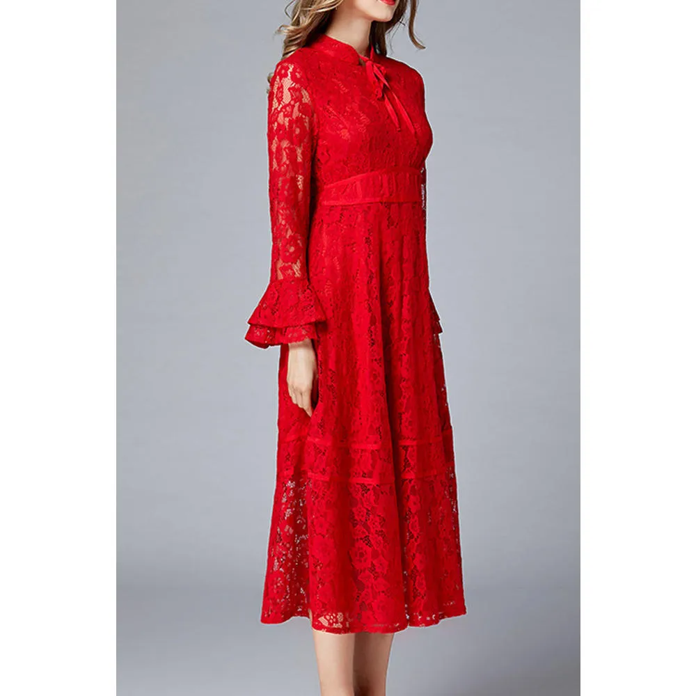 Ketty More Women Awesome Red Color Floral Lace Pattern Flare Sleeve Dress - KMWD66743
