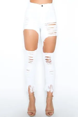 Ladies white high waist cutout distressed fringe skinny jeans