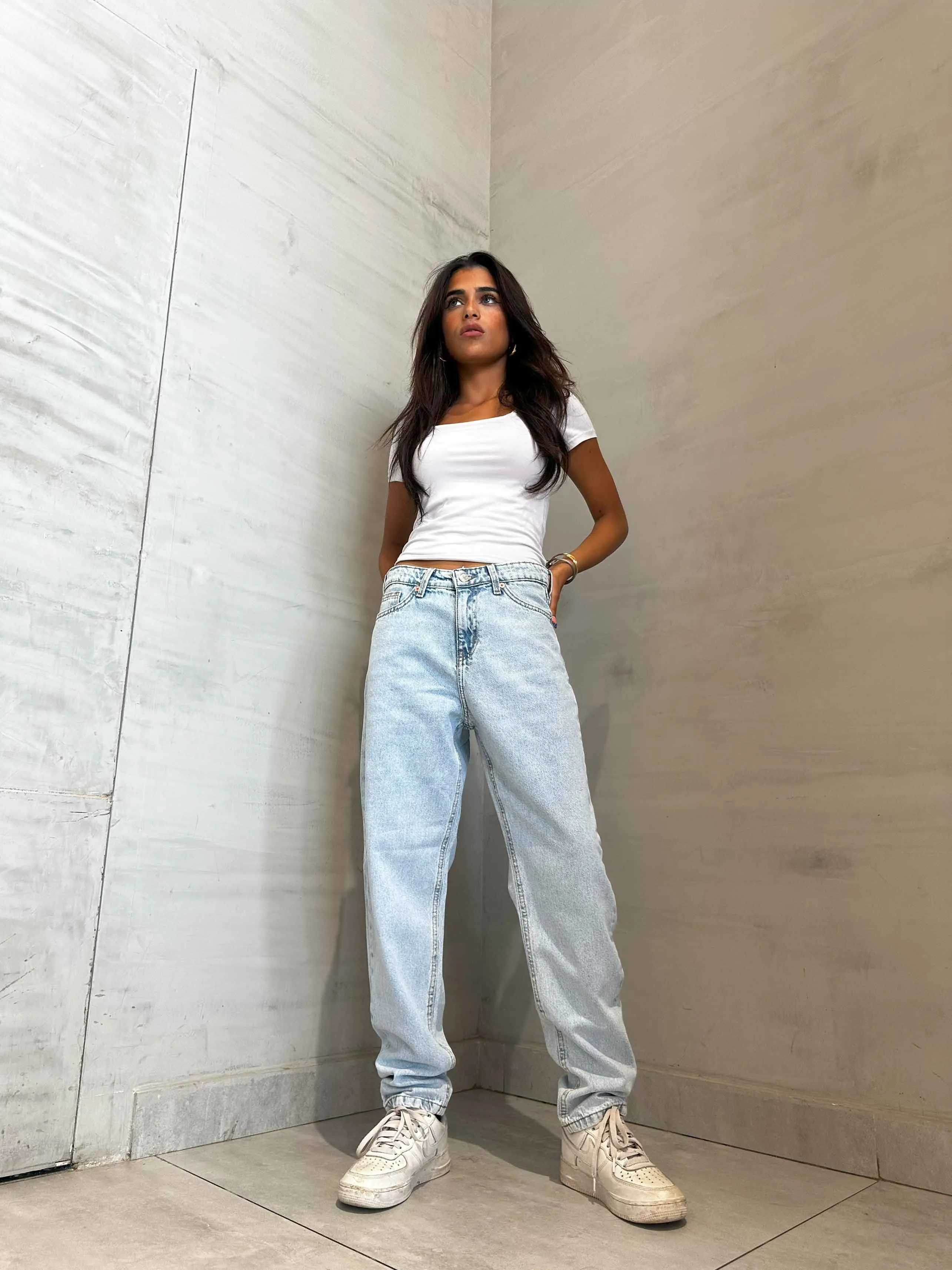 Light Iced Blue Mom-Fit Jeans.