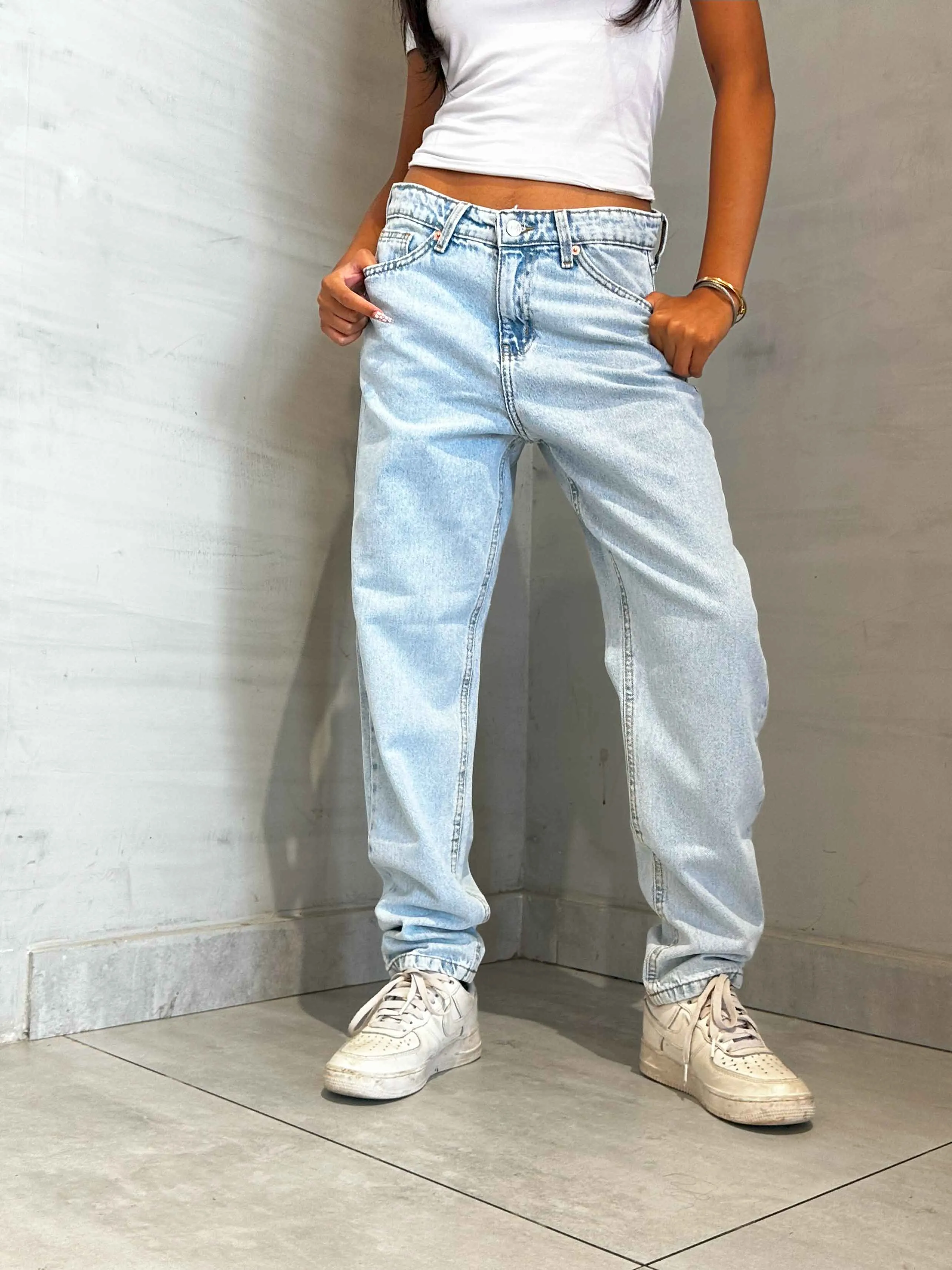Light Iced Blue Mom-Fit Jeans.