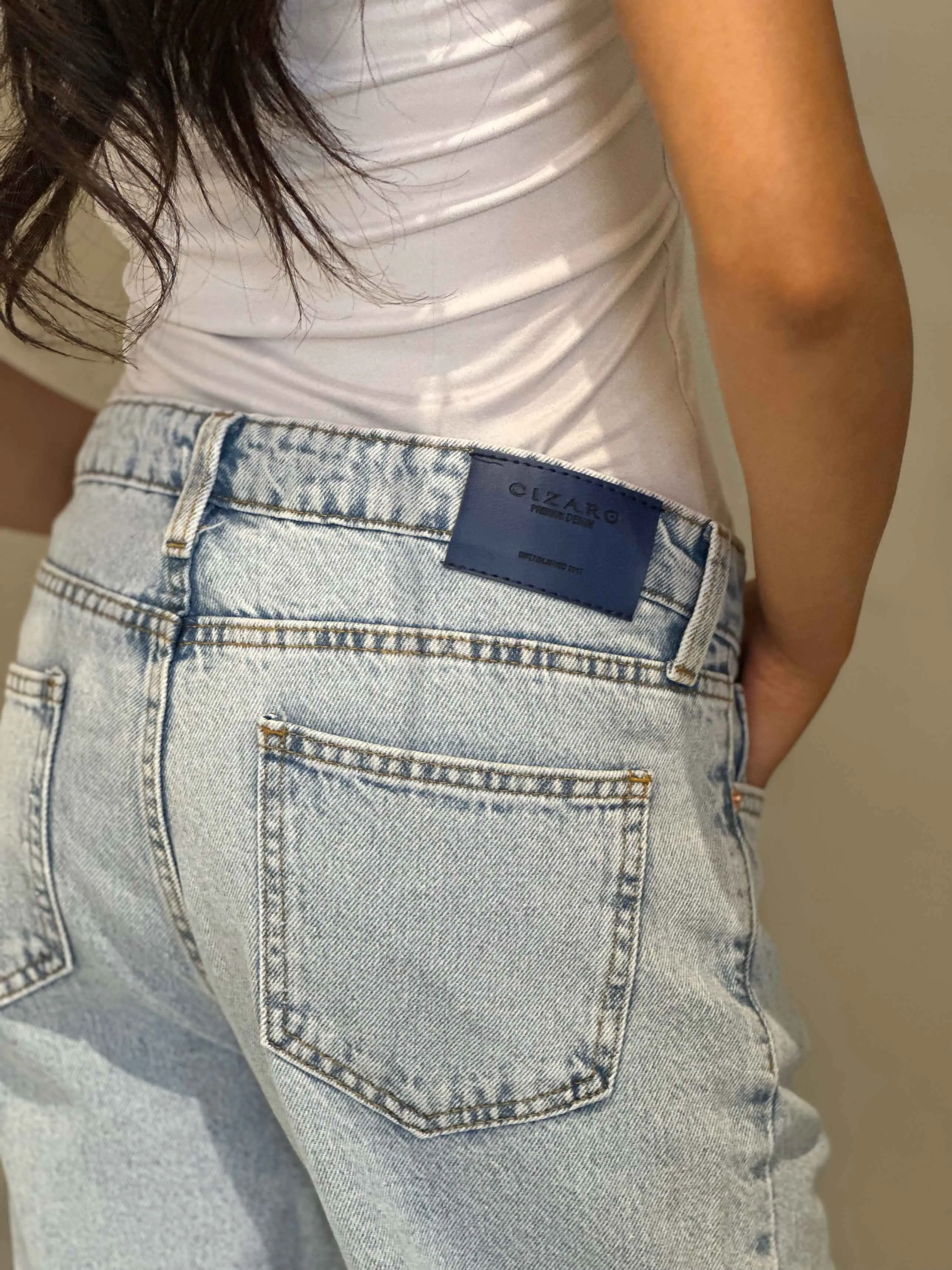 Light Iced Blue Mom-Fit Jeans.