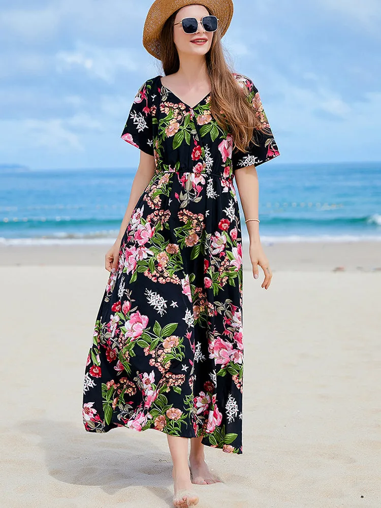 Lillian Floral Casual Slit Big Hem V Neck Maxi Dress