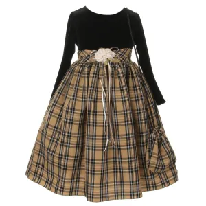 Little Girls Black Khaki Velvet Checker Corsage Bag Christmas Dress 2-6