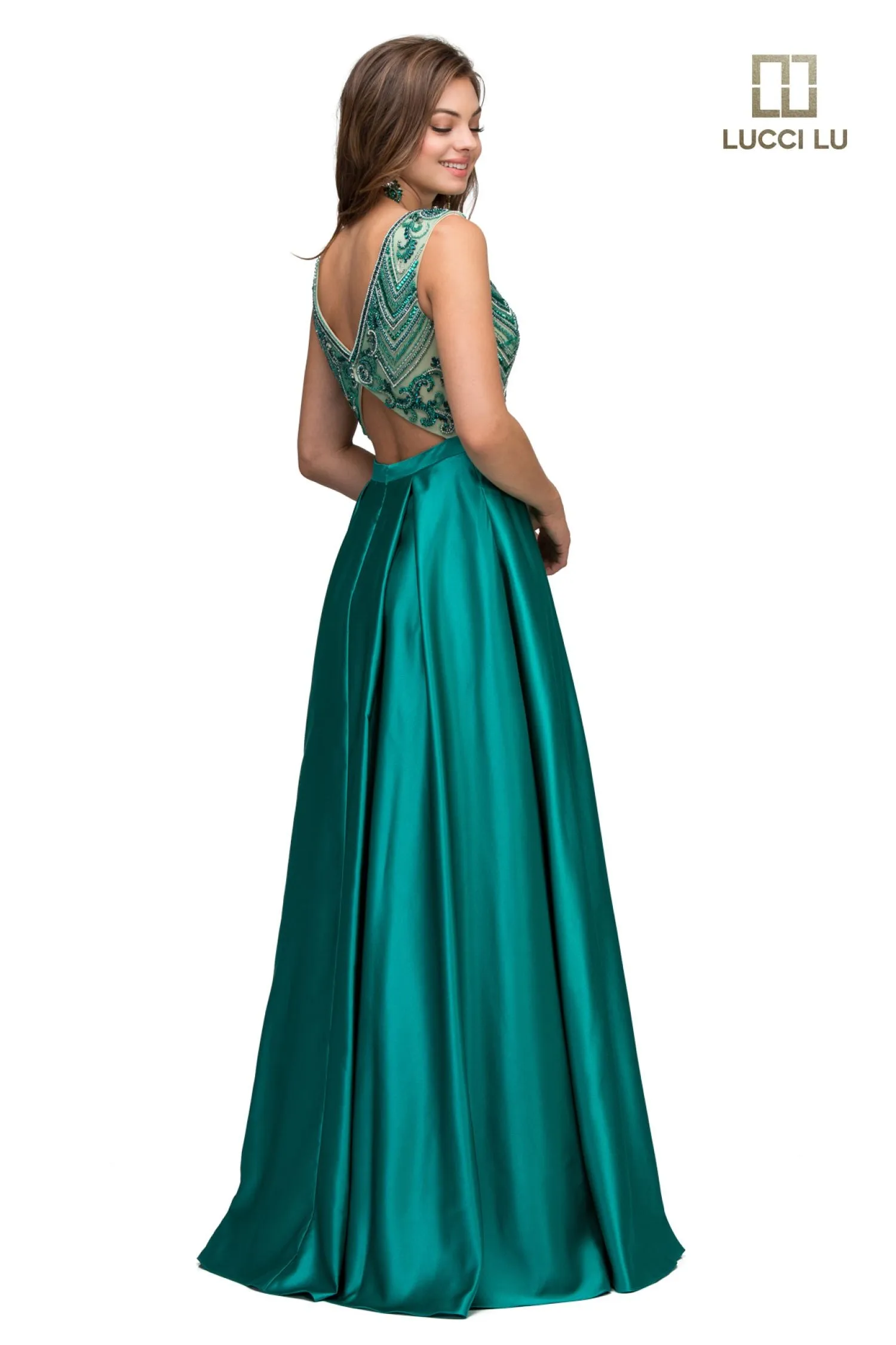 Lucci Lu 8246 Dark Rose Beaded Illusion Bodice Satin A-Line Dress - Size 8