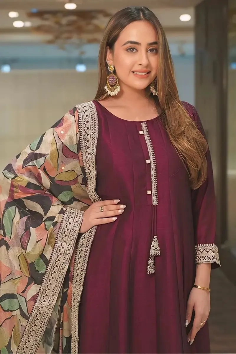 Maroon Full Sleeve Gown for Party Wear