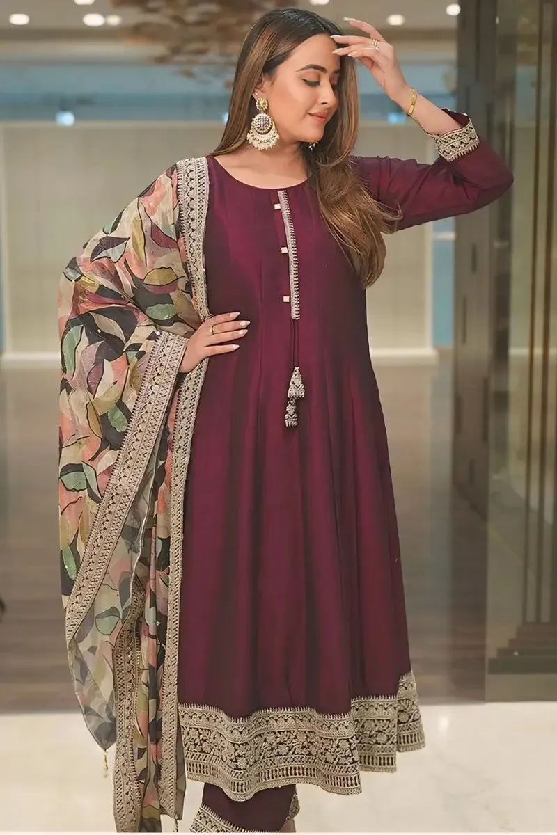 Maroon Full Sleeve Gown for Party Wear