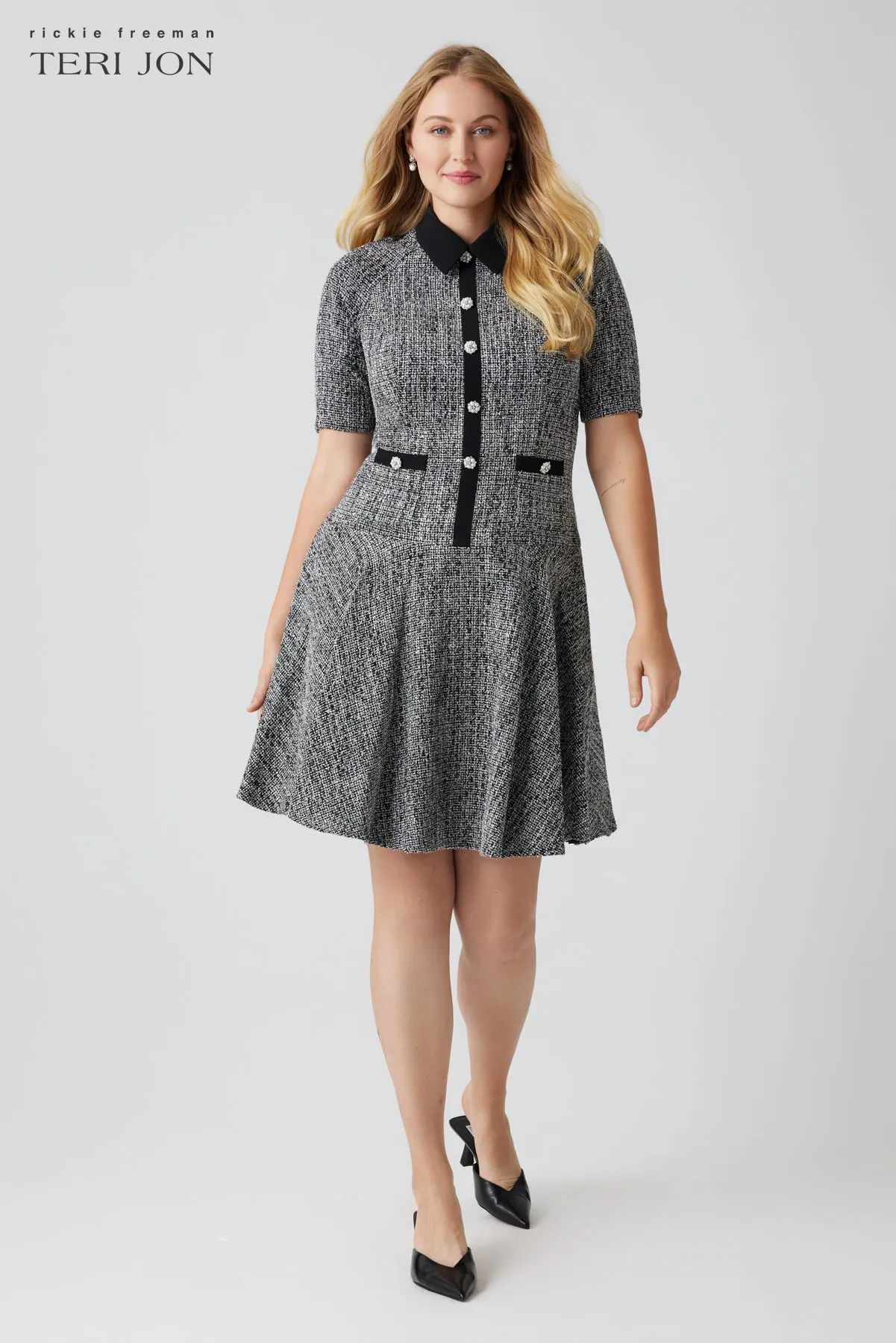 Metallic Tweed Flounce Daytime Dress