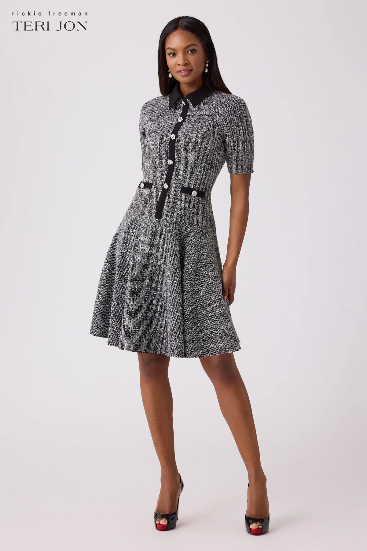Metallic Tweed Flounce Daytime Dress