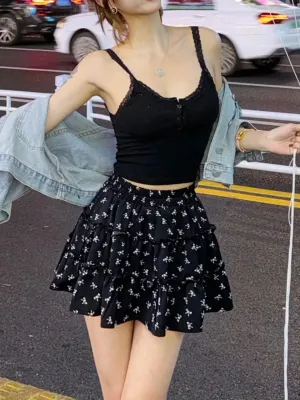 MQTIME  -  Sweet style black floral skirt for women 2024 in summer high waisted and slim A-line cake pleated short skirt