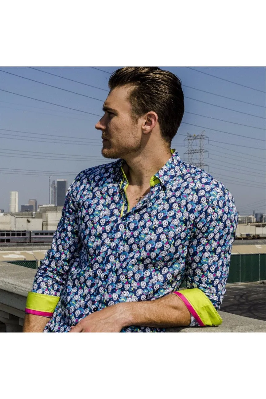 Navy Skulls And Roses Button Down Print Shirt