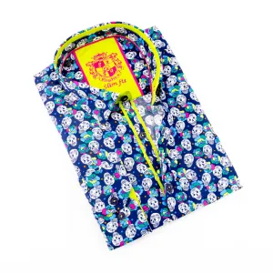Navy Skulls And Roses Button Down Print Shirt