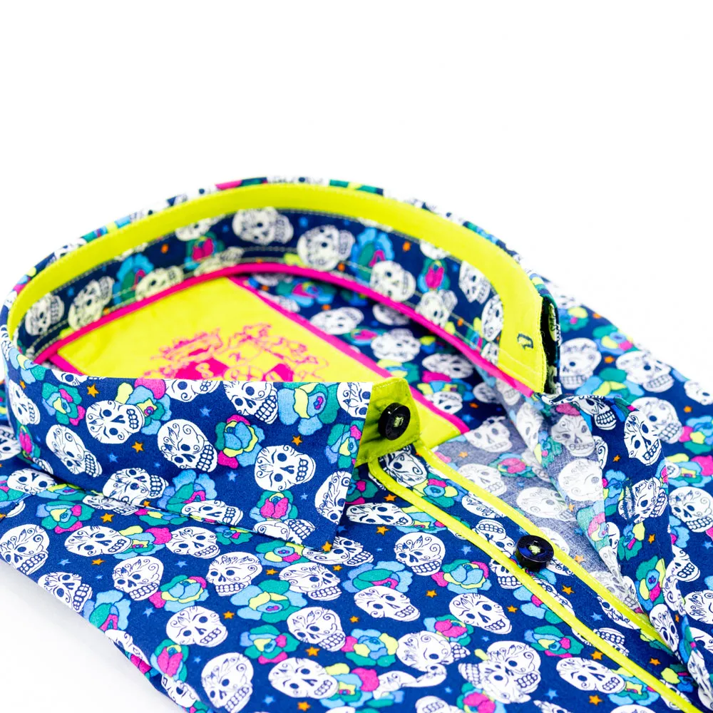 Navy Skulls And Roses Button Down Print Shirt